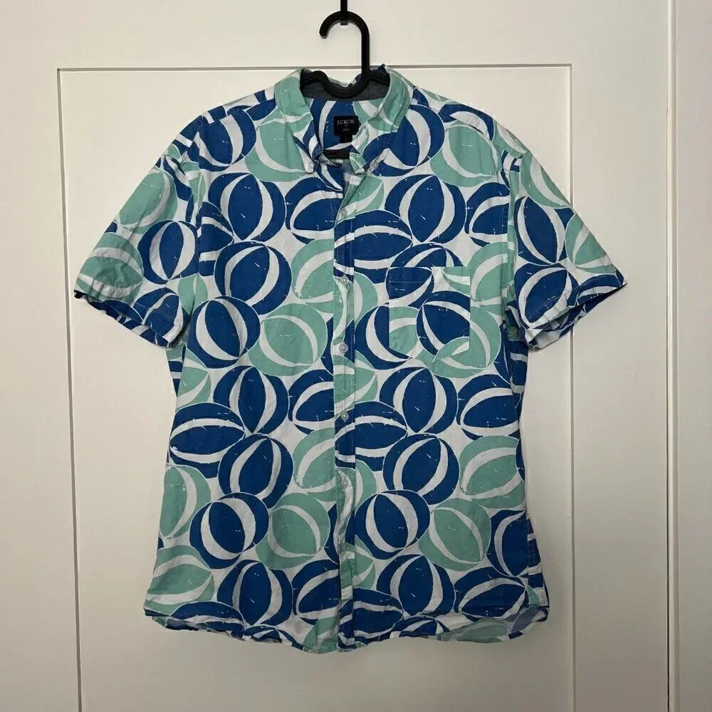 J. Crew Mens Shirt Large Blue Green Beachball Hawaiian Coastal Aloha Casual